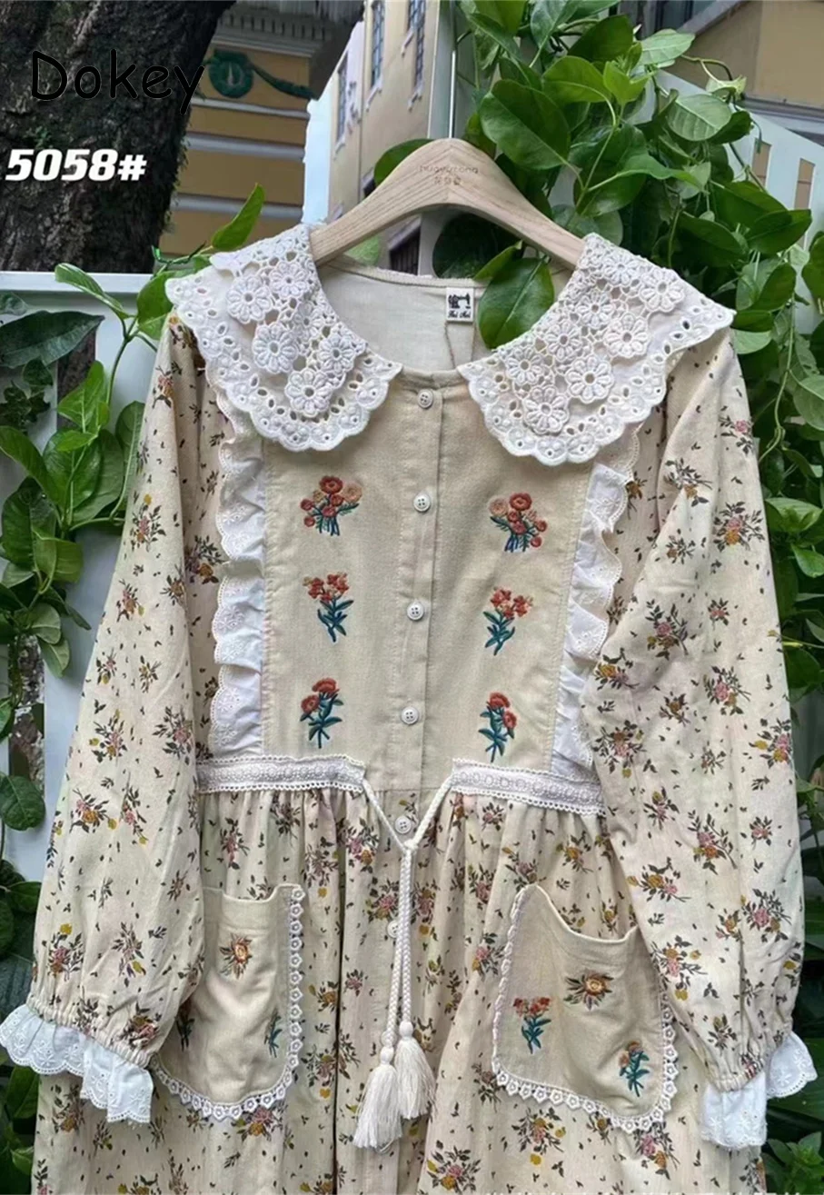 Vintage Mori Girl Floral abito in velluto a coste donna autunno dolce Patchwork arruffato abiti a maniche lunghe abiti Casual giapponesi Mujer