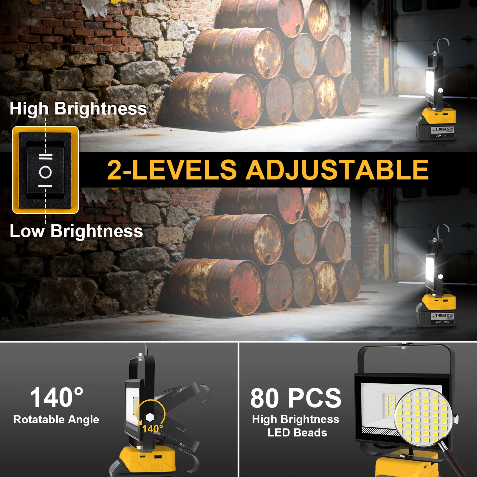 48W/60W/100W Portable LED Work Light Rechargeable LED Flood Light for Dewalt 18V-20V Li-ion Battery Cordless Work Light 6000k