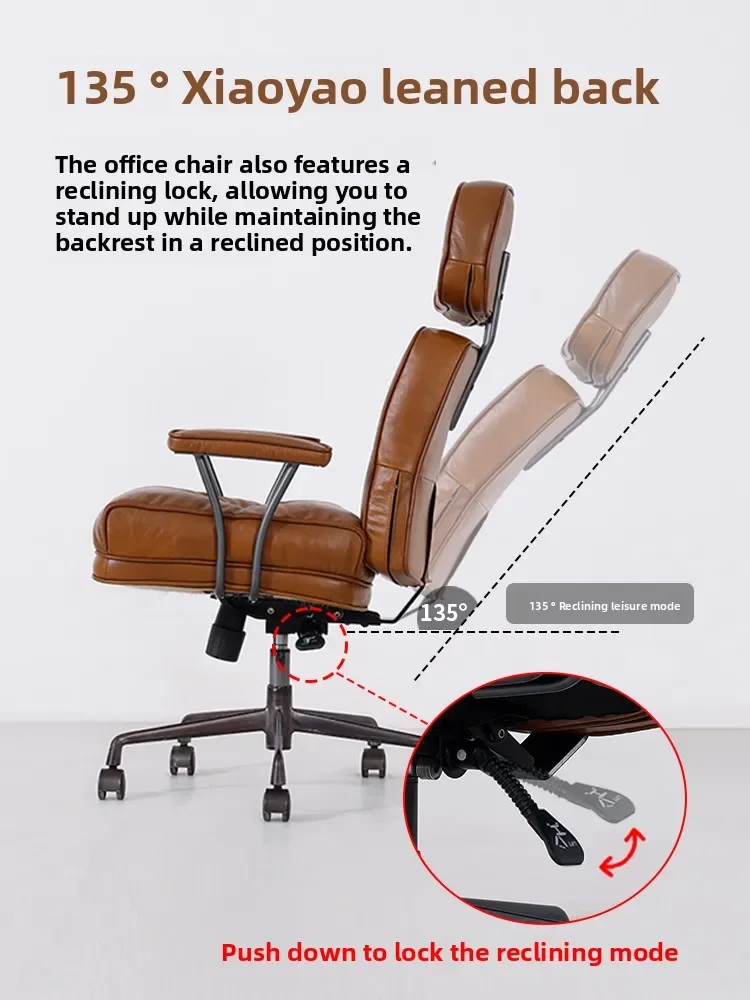 Retro style first layer yellow cowhide office chair household bedroom multi-functional medieval leather computer chair recliner