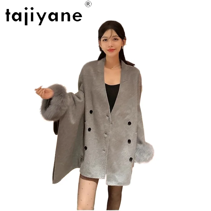 

TAJIYANE 70%Wool 20%Lyocell 10%Cashmer Coat Detachable Fox Fur Cuffs V-neck Outerwears Elegant Winter Women Clothing 2025 пальто