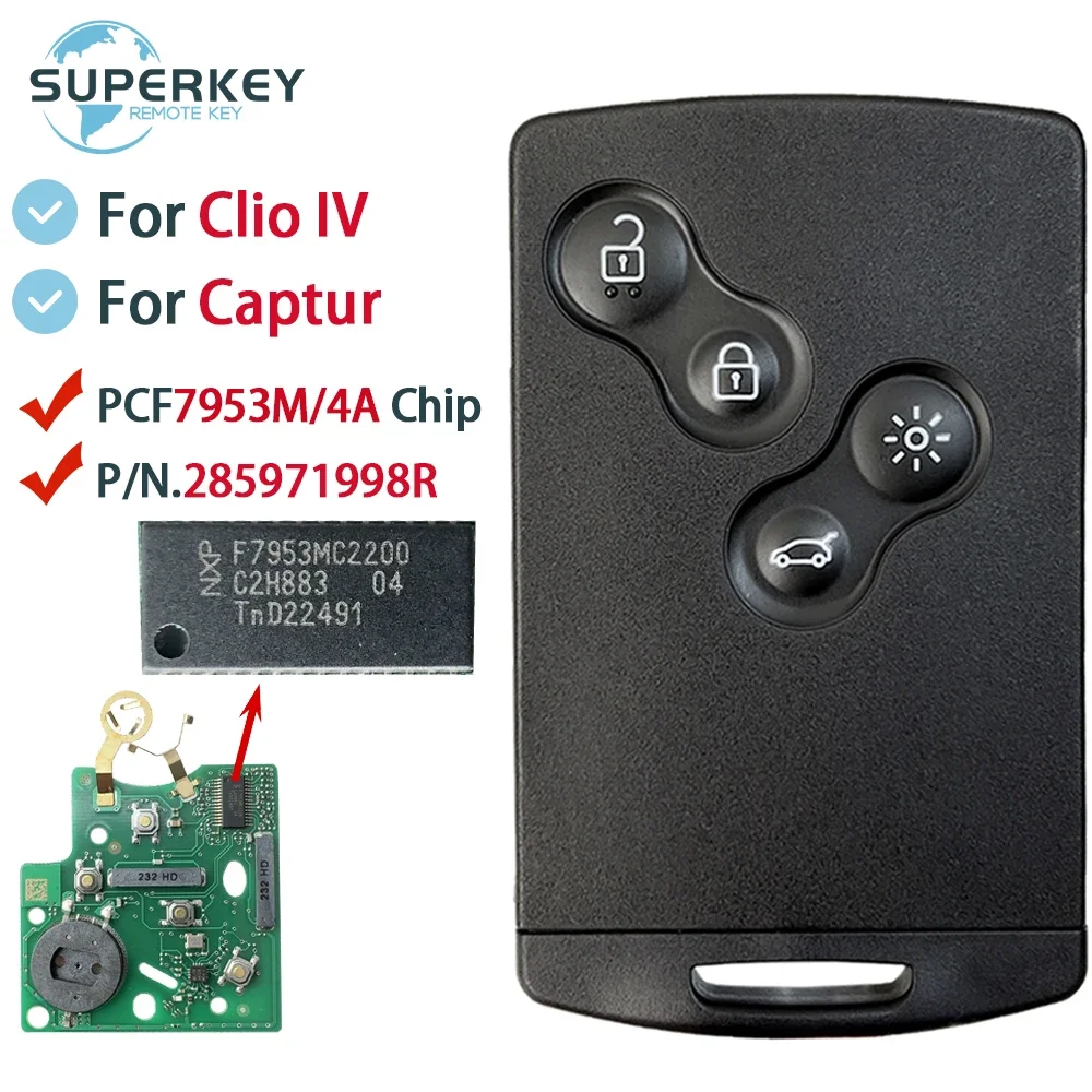 PCF7953M For Renault Captur Clio IV 2009 2010 2011 2012 2013 2014 2015 2017 433Mhz 4A Chip Smart Keyless Card Key 285971998R