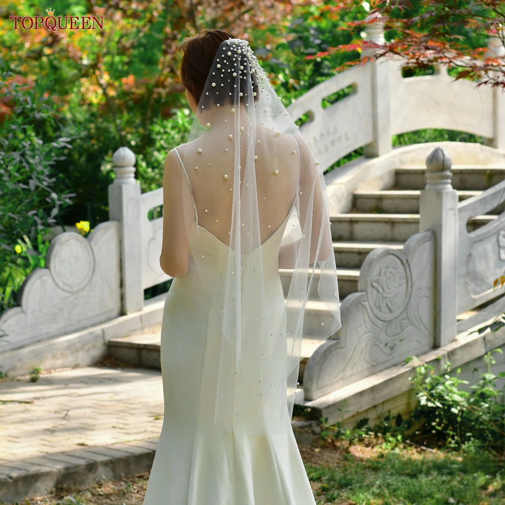 TOPQUEEN-velo de novia con perlas y peine, accesorios de boda con cuentas, diamantes de imitación brillantes, 1 nivel, V135