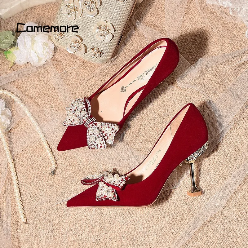 Comemore Women 2023 Spring Red Metal High Heels Wedding Elegant Shoes Woman Sexy Pointed Toe Pumps Ladies Sweet Bow Pearl Pumps