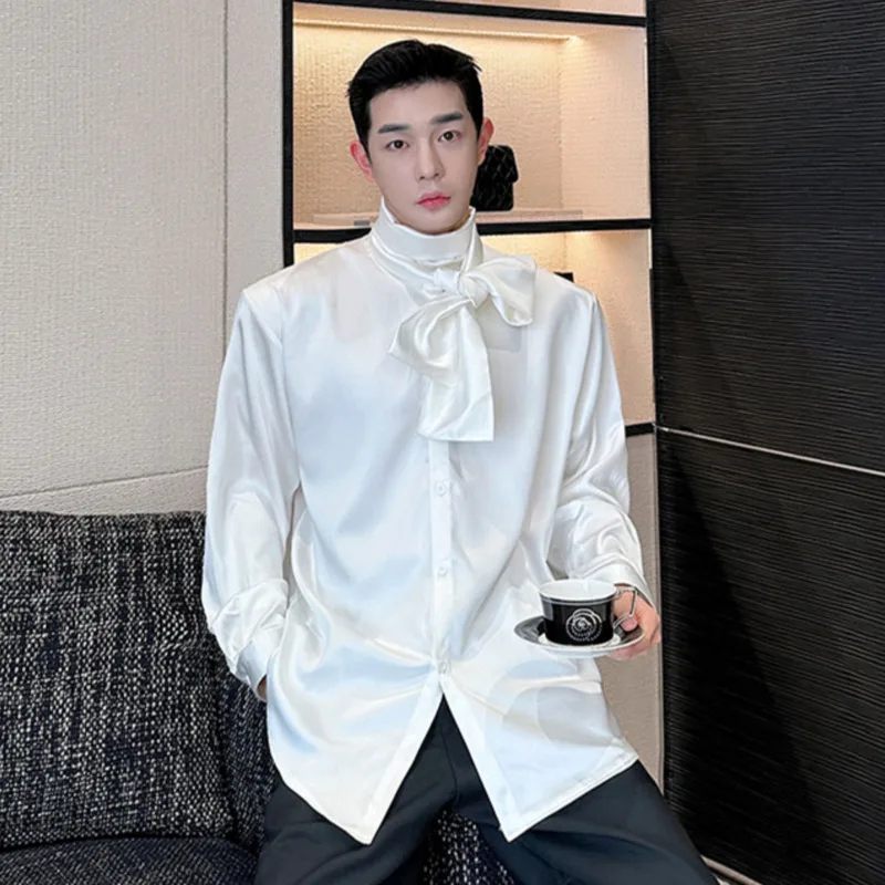 IEFB Korean Fashion Men's Shirt Bow Tie Design Loose Simple Fresh Long Sleeve Casual 2024 Spring Solid Color Male Tops 9C5081