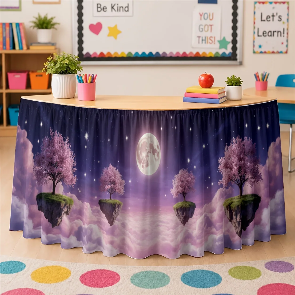 One tablecloth. Decorative tablecloth with a serene atmosphere depicting a night scene of the sky.