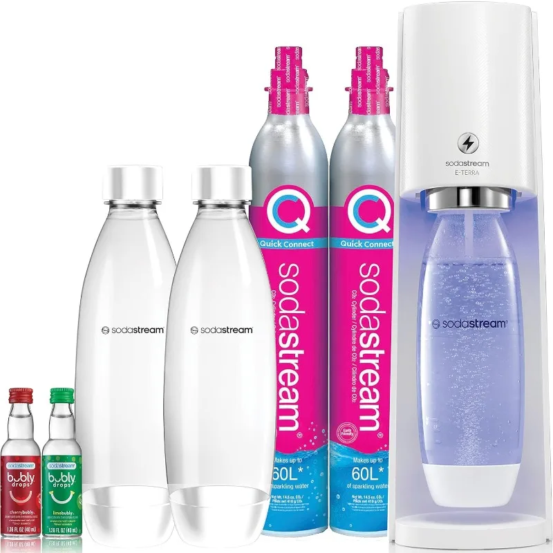 

SodaStream E-TERRA Sparkling Water Maker Bundle (White), with CO2, Carbonating Bottles, and bubly Drops Flavors