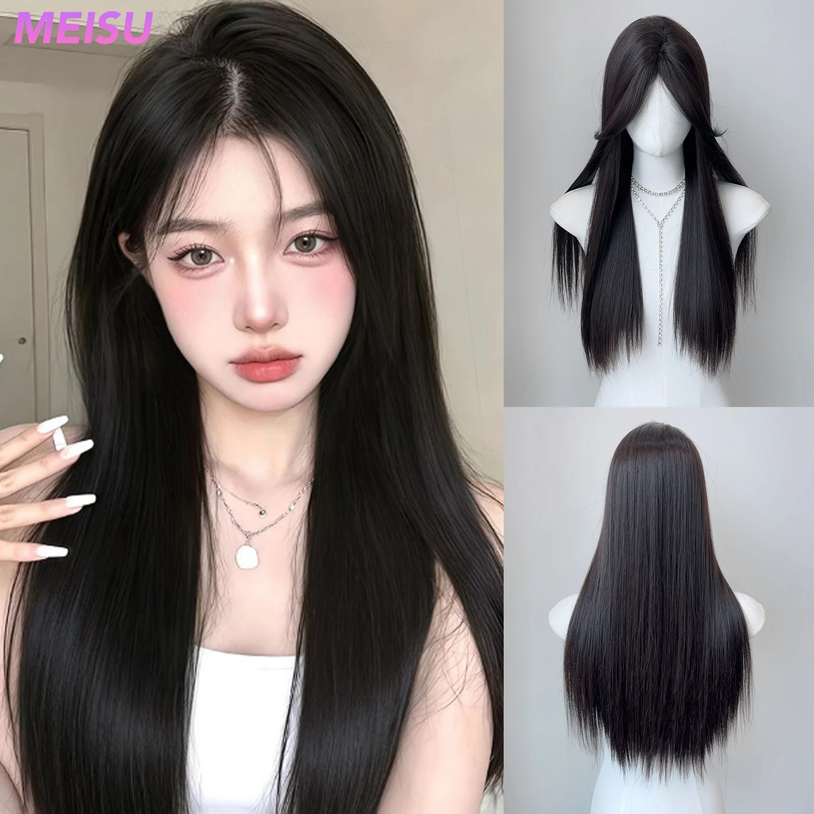 MEISU 26 بوصة طويلة مستقيمة منفصلة الانفجارات شعر مستعار أسود الاصطناعية الطبقات الألياف مقاومة للحرارة شعر طبيعي ناعم حفلة للنساء #1