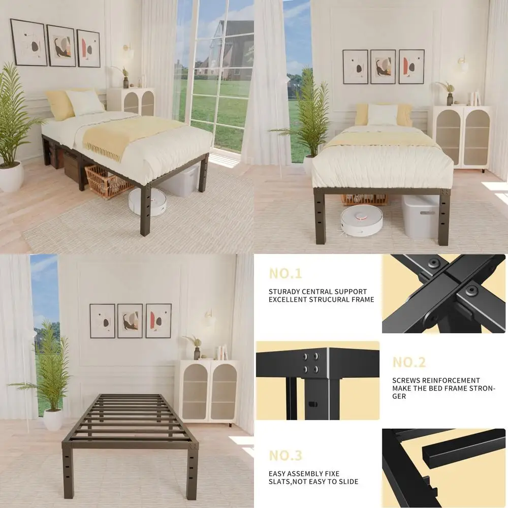 

16 High Steel Metal Twin Bed Frame with Black Basic Slats, Easy Assembly, Heavy Duty, Noiseless, No Box Spring Needed