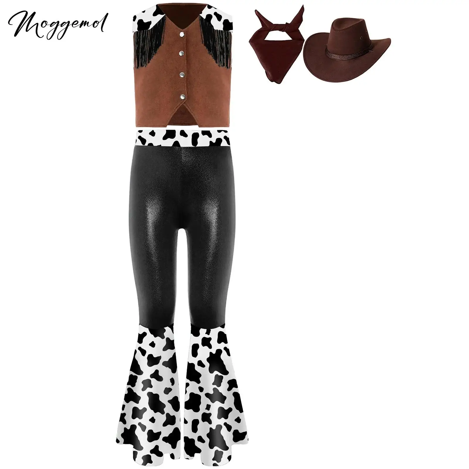 

Kids Girl 4 Piece Set Cowboys Cowgirls Hippie Vest Shiny Bell-Bottomed Pants with Scarf And Hat Halloween 70s Disco Jazz Dance