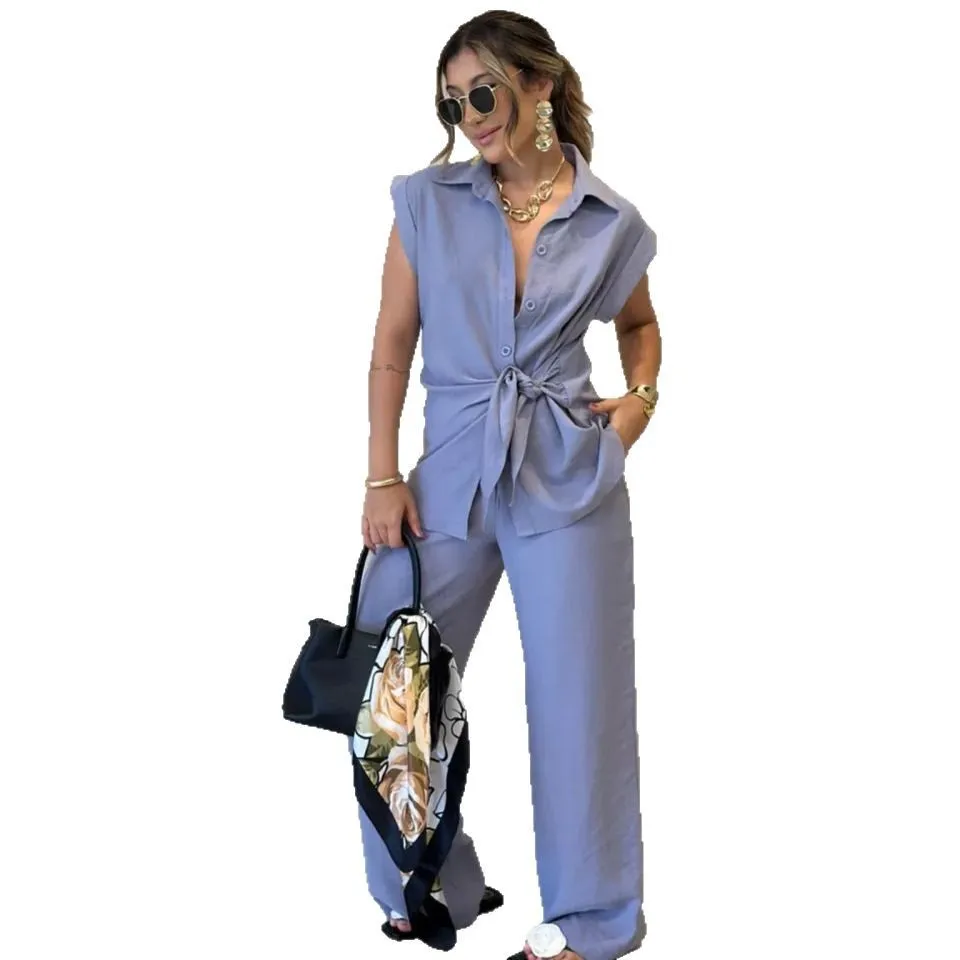 Women Tie Waist Short Sleeve Top Two-Piece Set High Waist Casual Pants Matching Set Relaxed Co-Ord Set Chic Coord Outfit Set
