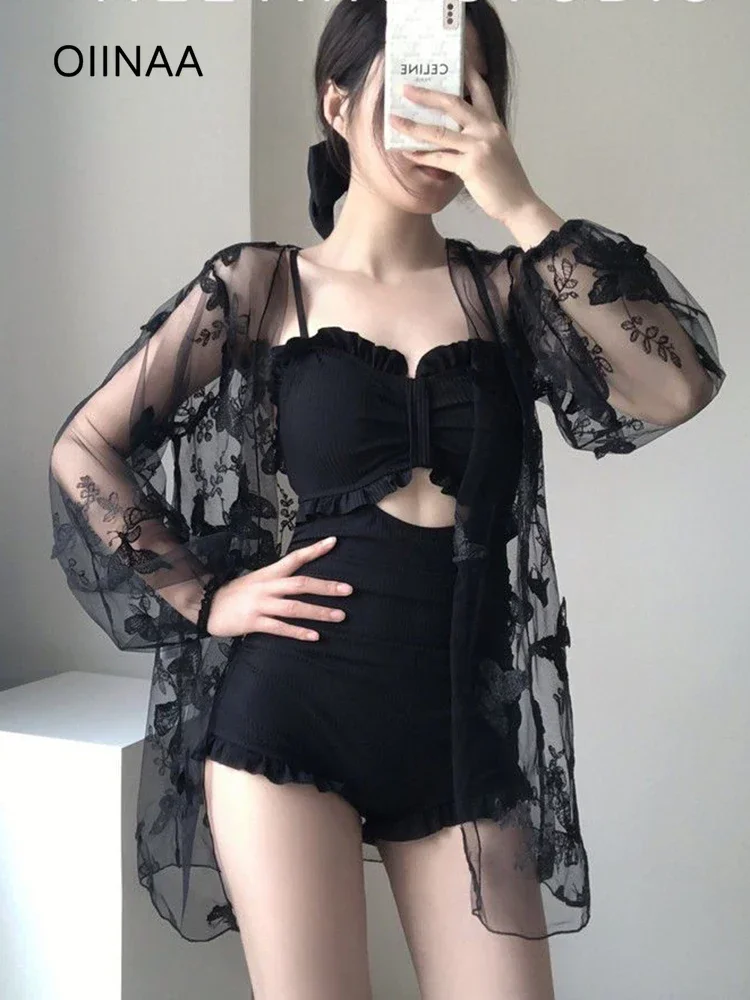 

OIINAA Swimwear Women Two-piece Cover-Ups Ruffled Hollow Out Bikinis Summer 2025 New Hot Spring Swimwear Black Sexy Beachwear