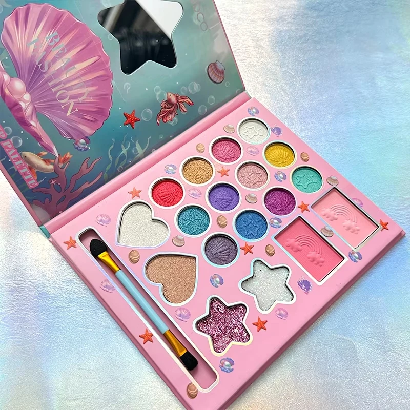 Palette de maquillage en forme de coquille de dessin animé, 18 couleurs, avec miroir, mat, perle scintillante, fard à paupières, pigmentée longue durée, semble de maquillage amusant