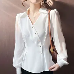 French Style Irregular V-Neck Blouse Female Clothing Commute Asymmetrical Single-breasted Spring Autumn Chic Folds Waist Shirt