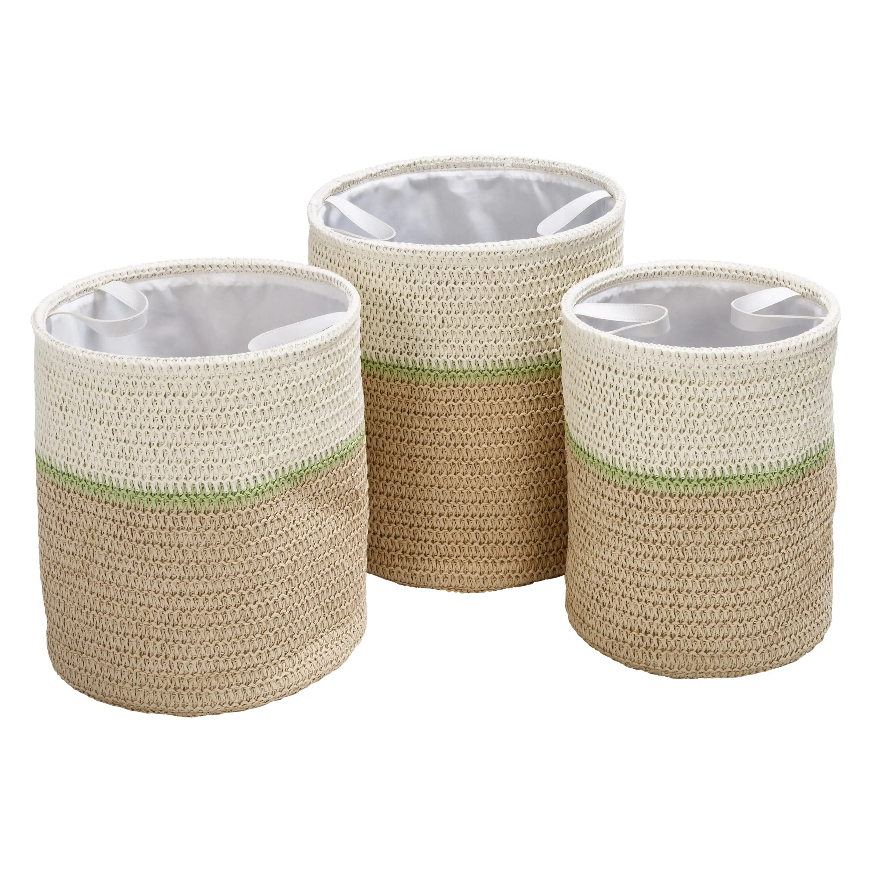 Paper Straw Set of 3 Nesting Storage Baskets with Handles, Natural/Green