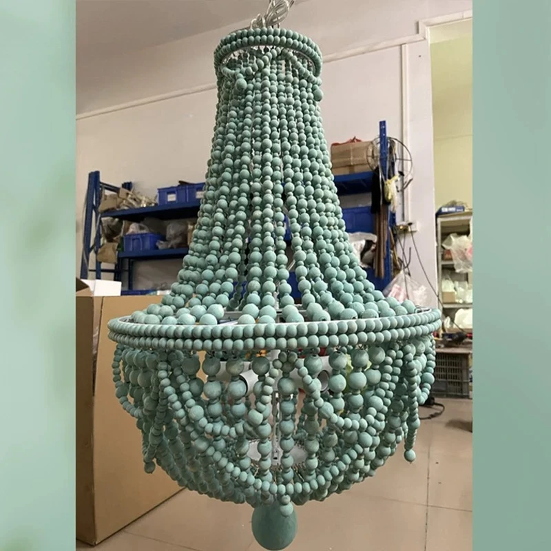 Retro Green Bohemia Wooden Beads Chandelier American Modern Rustic Farmhouse Chandelier For Living Room Bedroom Kitchen Villa