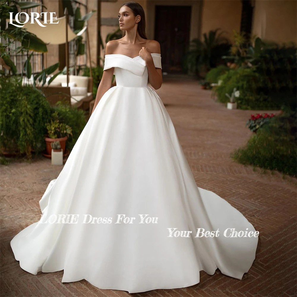 LORIE Elegant Satin Wedding Dresses V-Neck A-Line Off Shoulder Solid Bridal Gowns Backless Sleeveless Brush Train Bride Dress