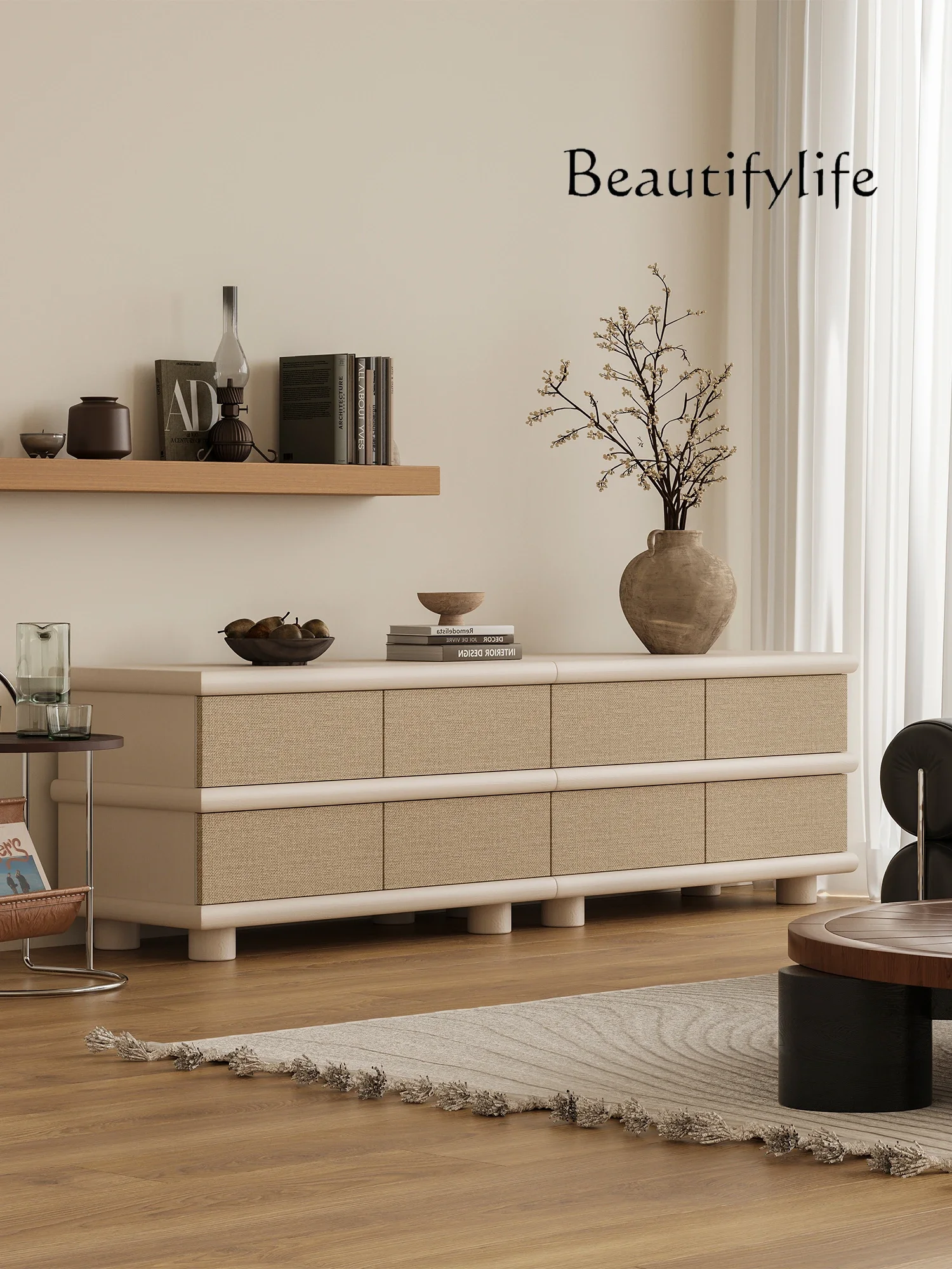 Gentle Cream Wind TV Cabinet Floor-ceiling Living Room Household Double-layer Storage Storage French Combination Floor Cabinet