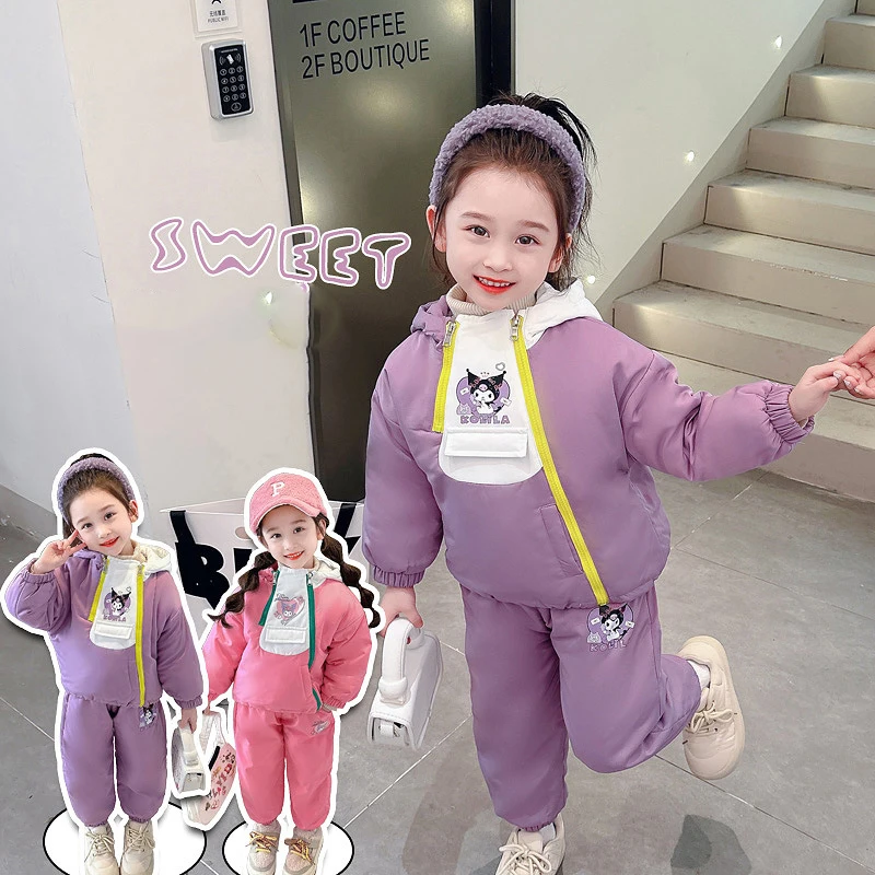 

Sanrios Children Kuromi Plus Velvet Jacket Suit Anime Figure Winter Thicken Cotton Coat Coat Kids Girl Cartoon Sweet Kawaii Hot