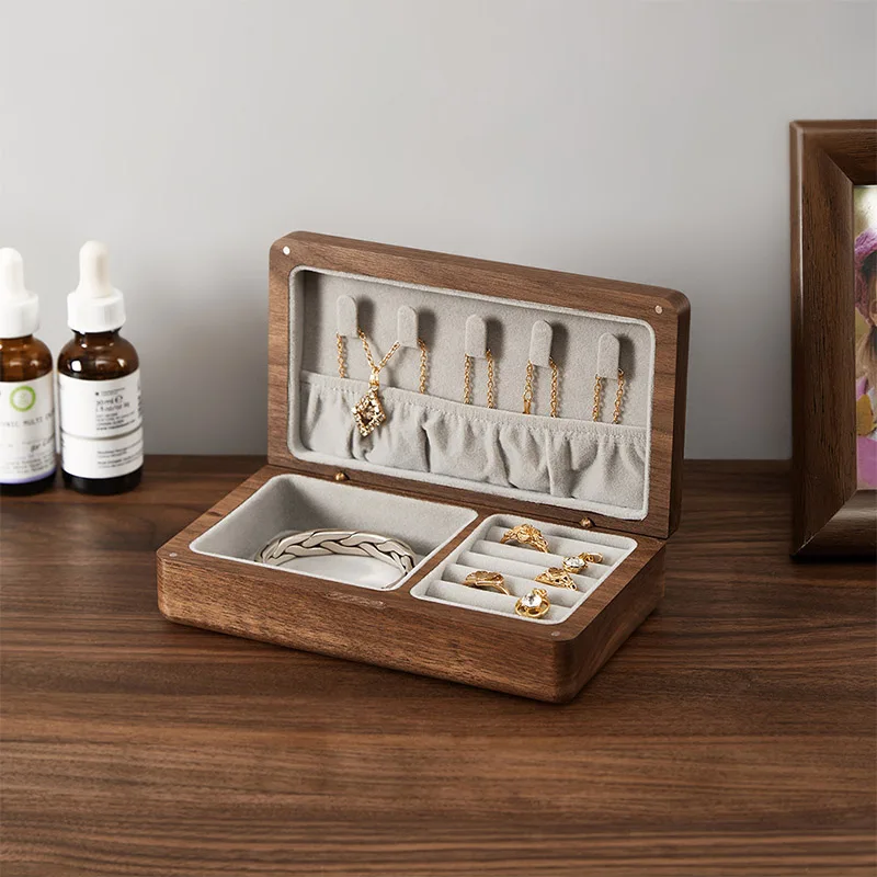 

Wooden Storage Box Necklace Rings Bracelets Earrings Organizer Rectangle Jewelry Holder Home Use Black Walnut Wood Case