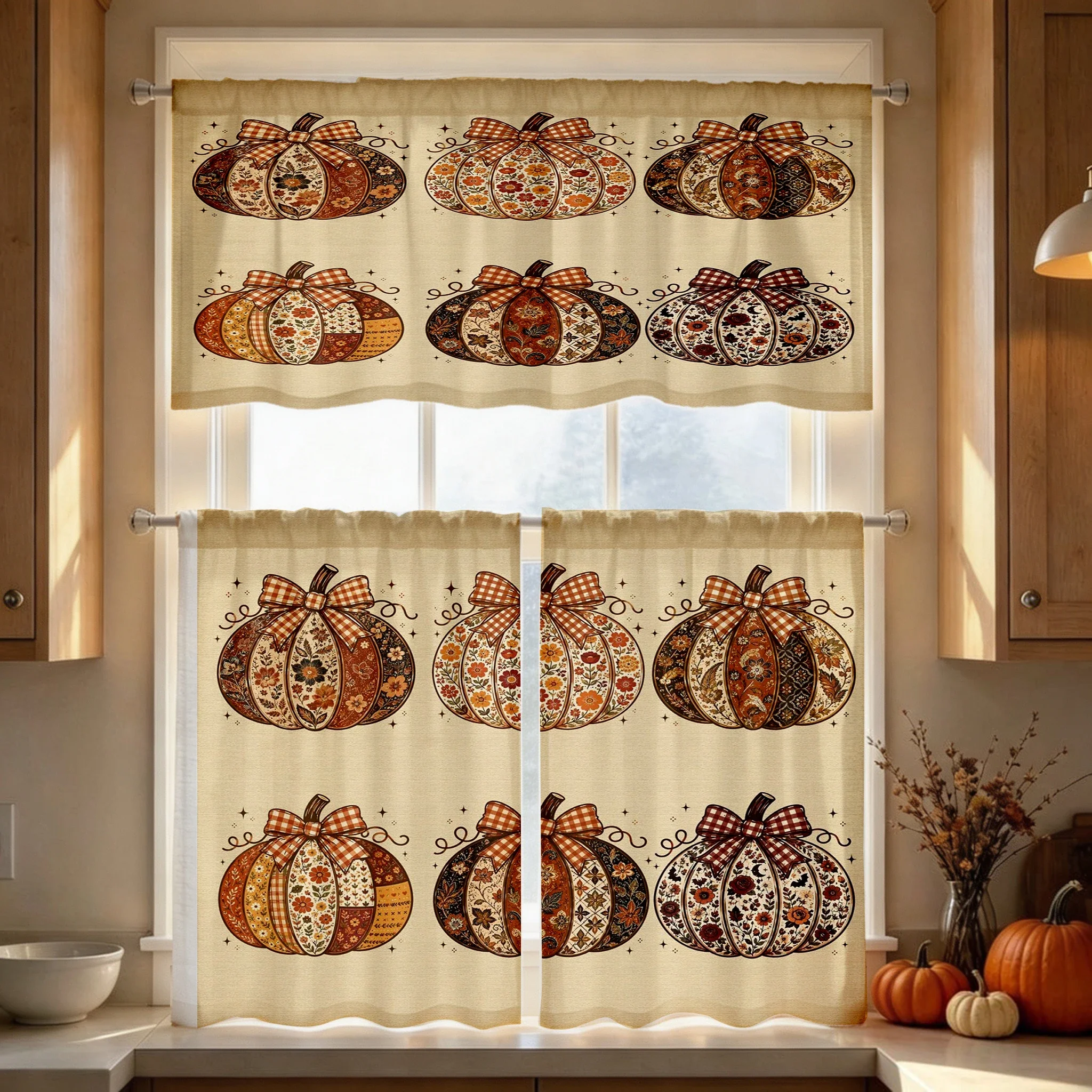 Thanksgiving Fall Kitchen Curtains, Patchwork Pumpkin Bow, Digital Print, Kitchen Dining Room, Rod Pocket Polyester, Home Decor