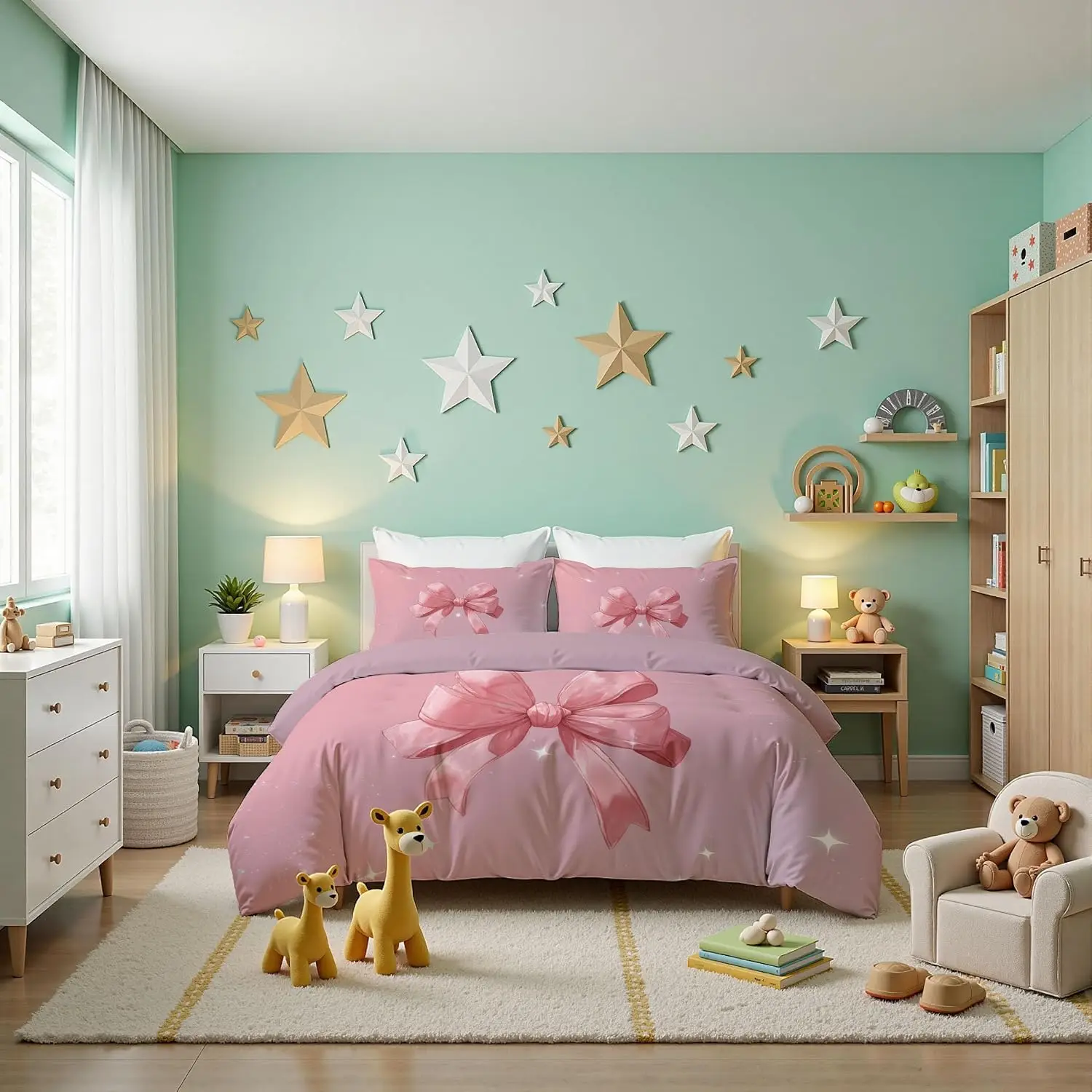 Cute Anime Style Bow Quilt Cover Single Size 135x200cm With 1 Pillowcase 50x75cm Blush Powder Dreamy Bedding