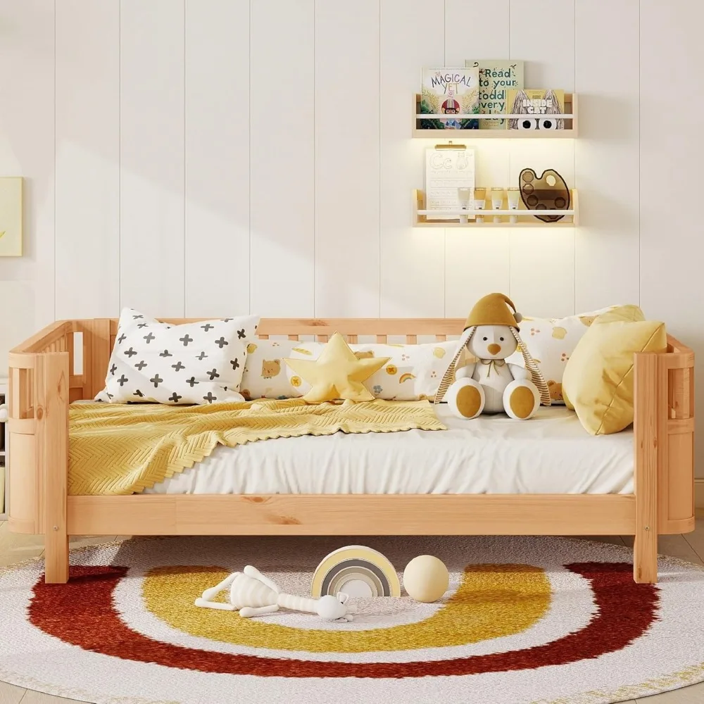سرير مزدوج مستوحى من مونتيسوري مع قضبان جانبية قابلة للإزالة، وإطار سرير بمنصة خشبية موفرة للزاوية للأطفال #4