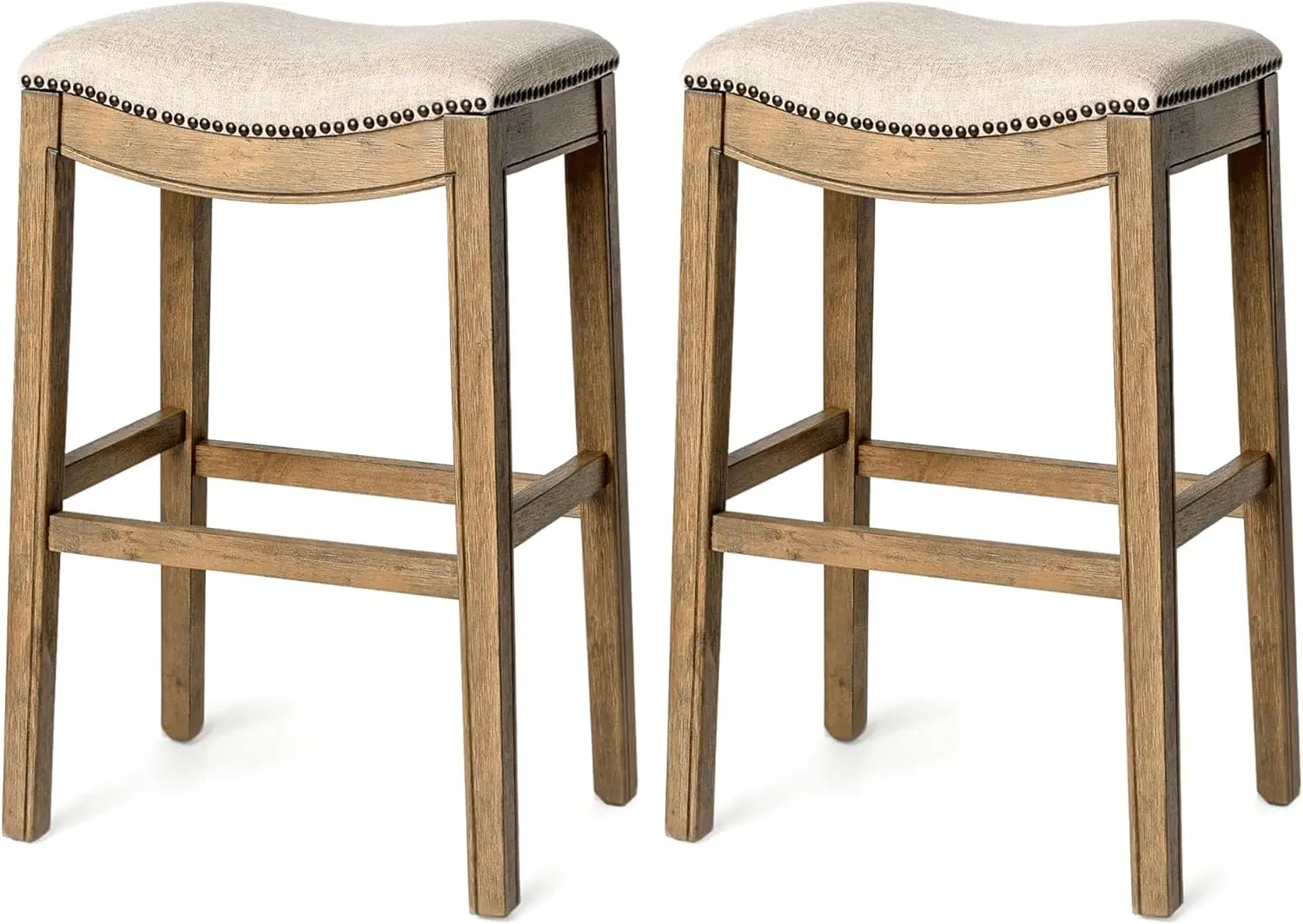 

Adrien 31 H Bar Height Upholstered Backl Barstool In Natural Wood Finish With Wheat Cream Fabric Cushion Seat, Set Of