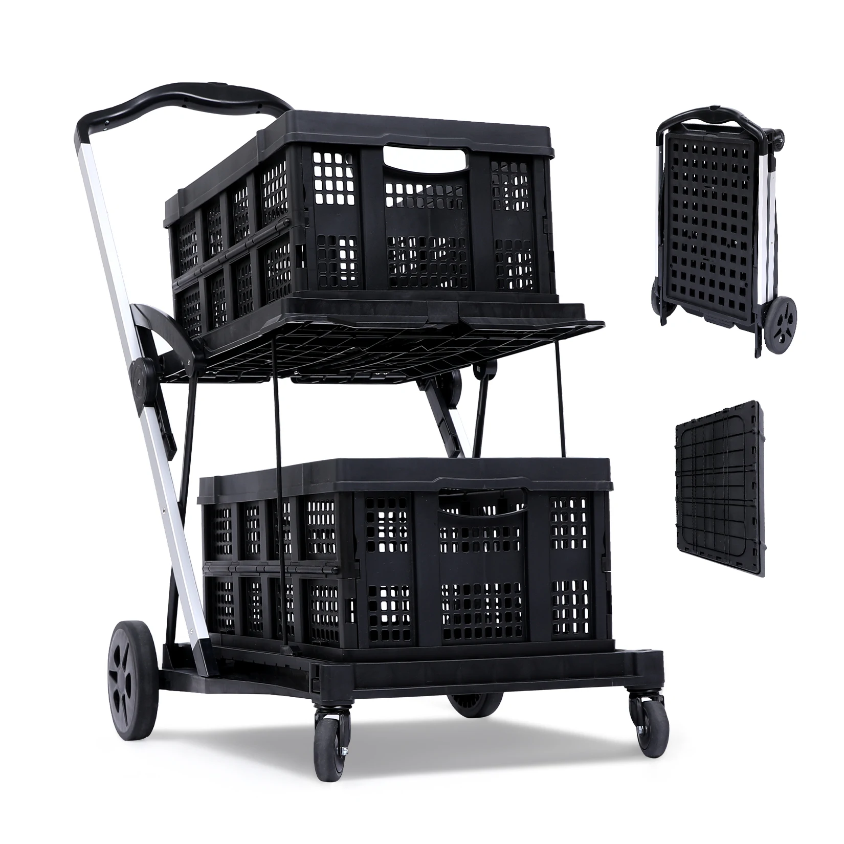 2-Tier Folding Office Utility Cart – 360° Swivel Wheels, Large Capacity Collapsible Rolling Trolley for Supplies & Groceries – Multipurpose & Sturdy – Black, 2 Cargo Boxes