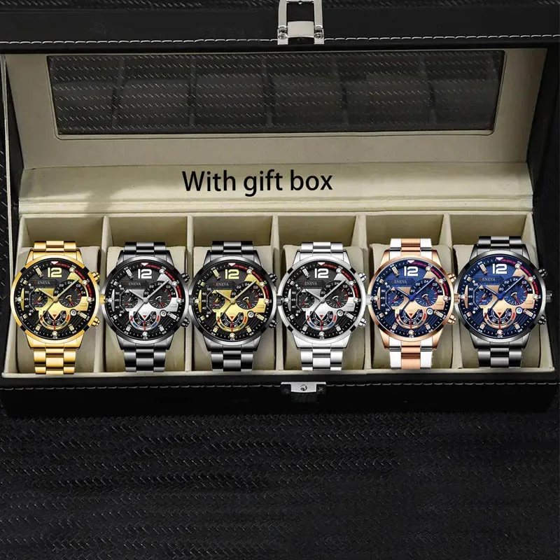 Men's Steel Belt Luxury Stainless Steel Quartz Watch Set with Calendar