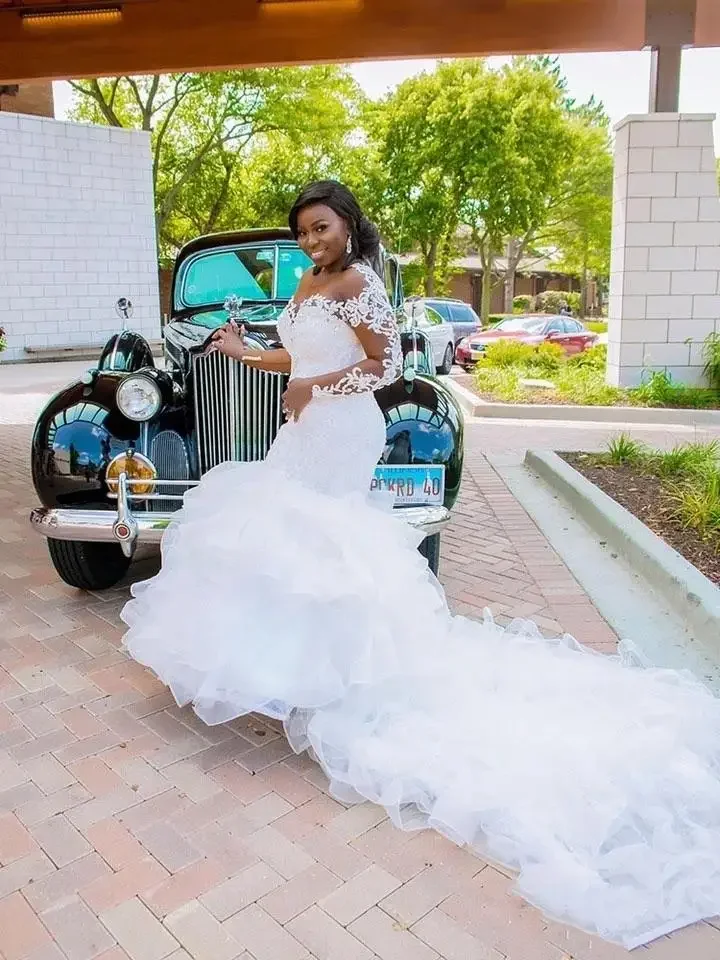 Robes de mariée sirène africaine à volants, nouveaux Styles personnalisés, manches longues, perles en Organza, robe de mariée transparente en dentelle, grand Train de mariage