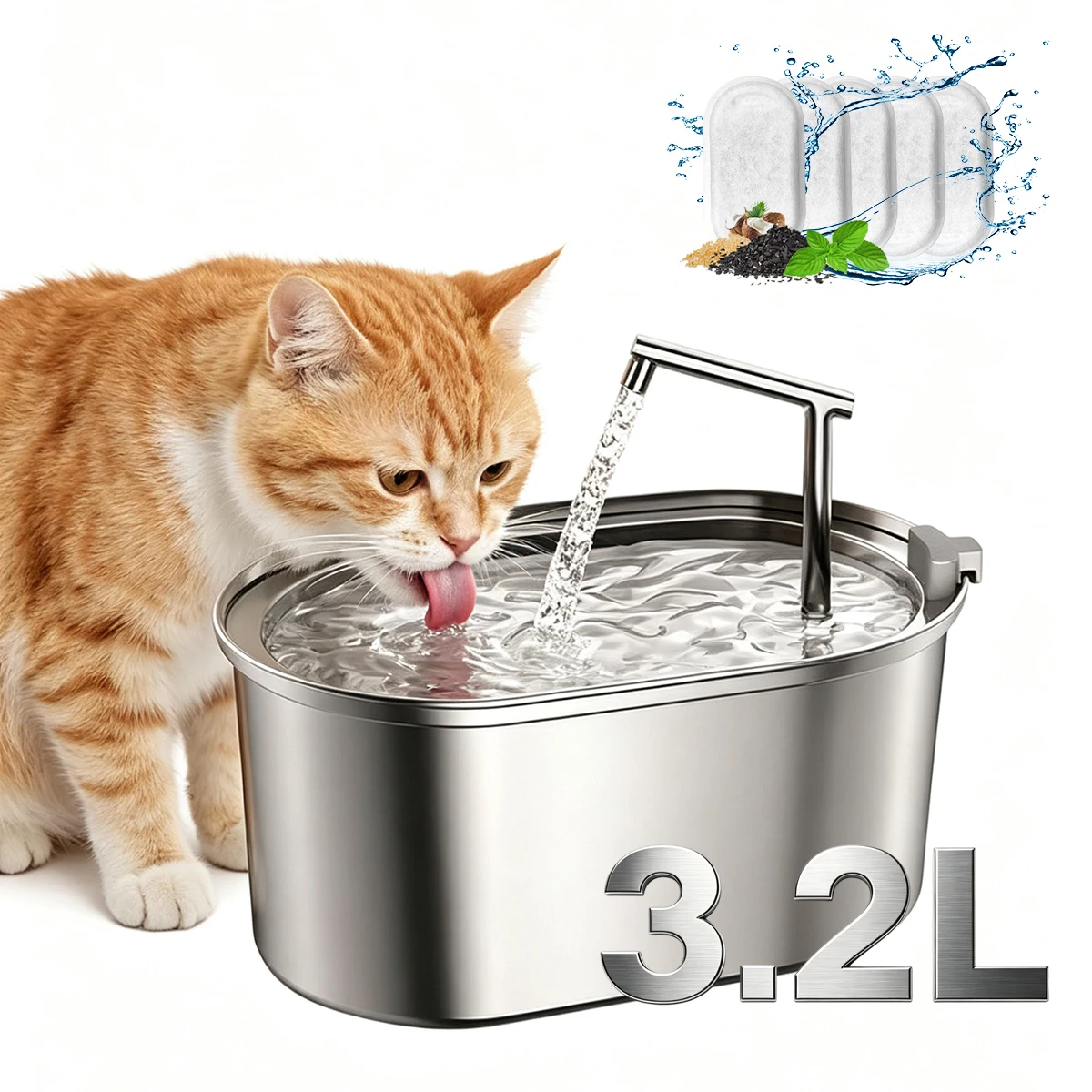 3.2L Stainless Steel Cat Water Fountain for Cats Dogs, Water Dispenser with 2 Filters, Ultra Quiet Pump, USB Powered, Easy Clean