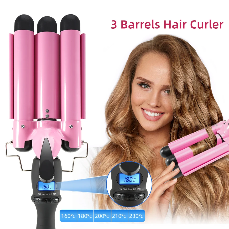 Electric Professional Ceramic Hair Curler Roller LCD Display Curling Iron Waver Styling Tools 3 Barrel Curling Iron Wand BigWave