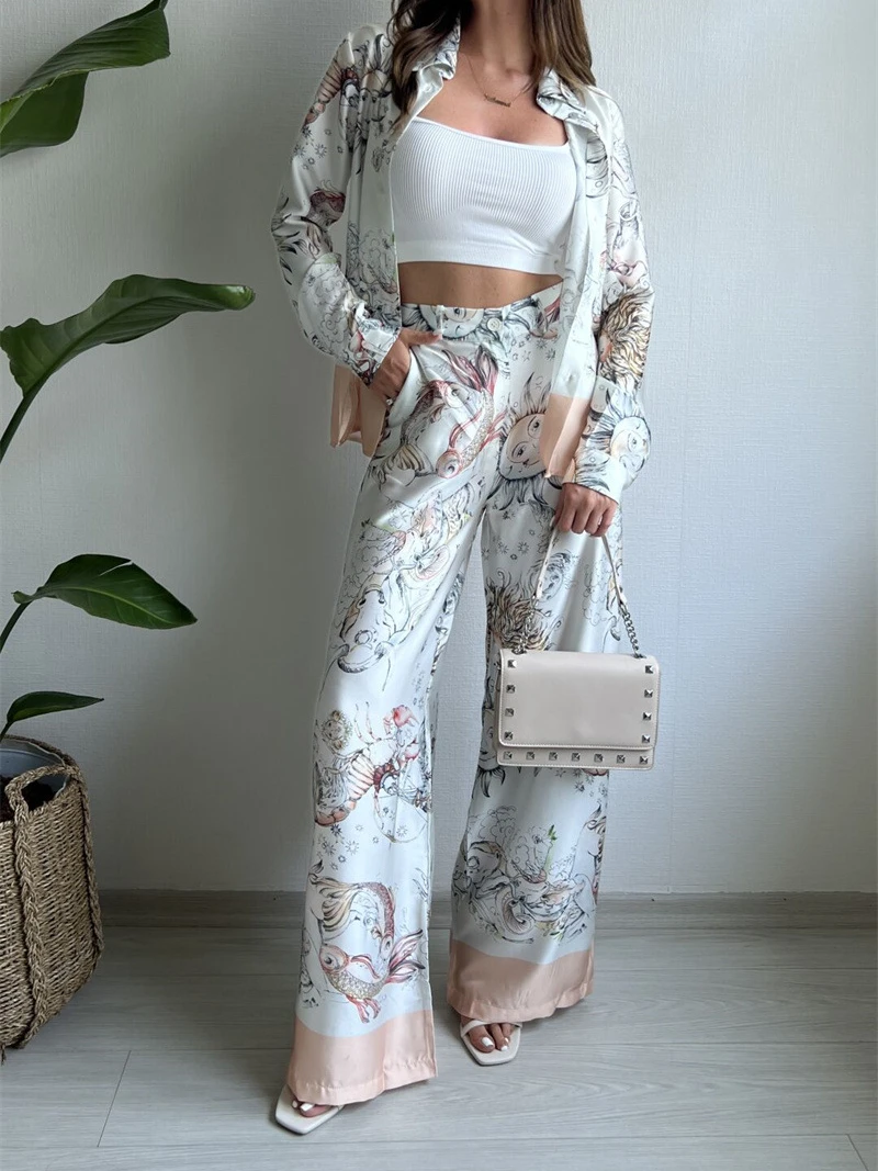 Women Pants Set Blouse Straight Trousers Floral Print Two Piece Set Shirt Set Dashiki African Clothes Summer Top Matching Sets