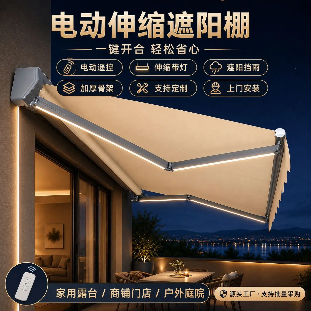 Electric awning canopy with lamp Telescopic remote control canopy Villa Outdoor balcony Courtyard Intelligent automatic canopy
