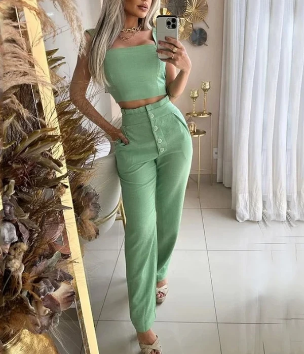 

Pants Set Women 2 Piece Summer 2024 Solid Color Short Exposed Navel Suspender Top Women Commuting High Waisted Long Pants Set