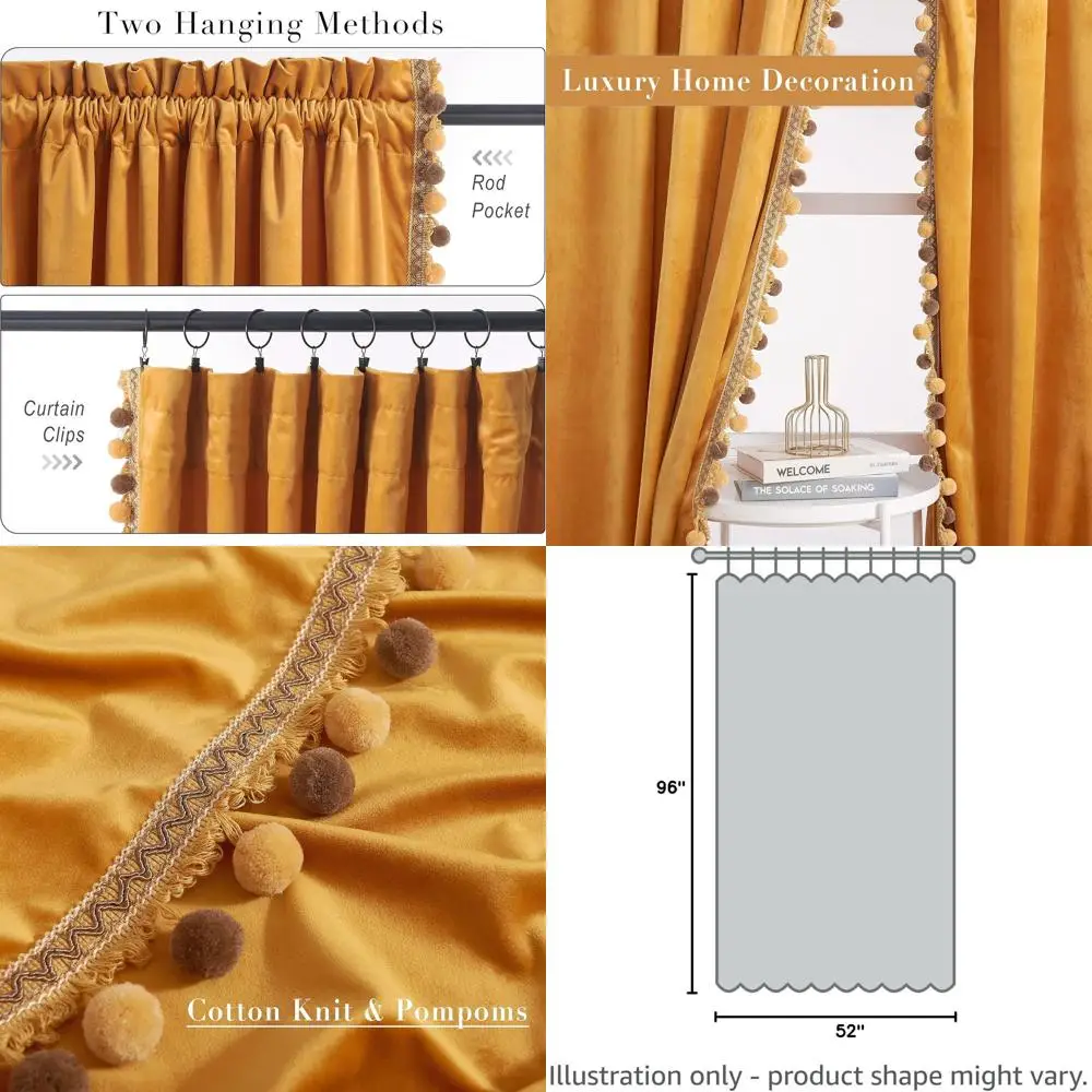

Elegant Velvet Pom Pom Curtains, 96 Long, Vintage Style for Festivals, Room Darkening, Heat Insulating, Sliding Door Panels, Set