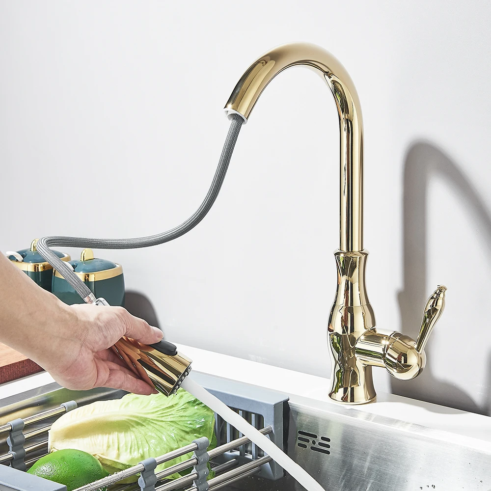 Uythner الذهب البولندية قطب صنبور بالوعة المطبخ صنبور التراجع البخاخ تصميم الأزياء الحمام المطبخ الماء الساخن والبارد صنبور حوض خلاط #3