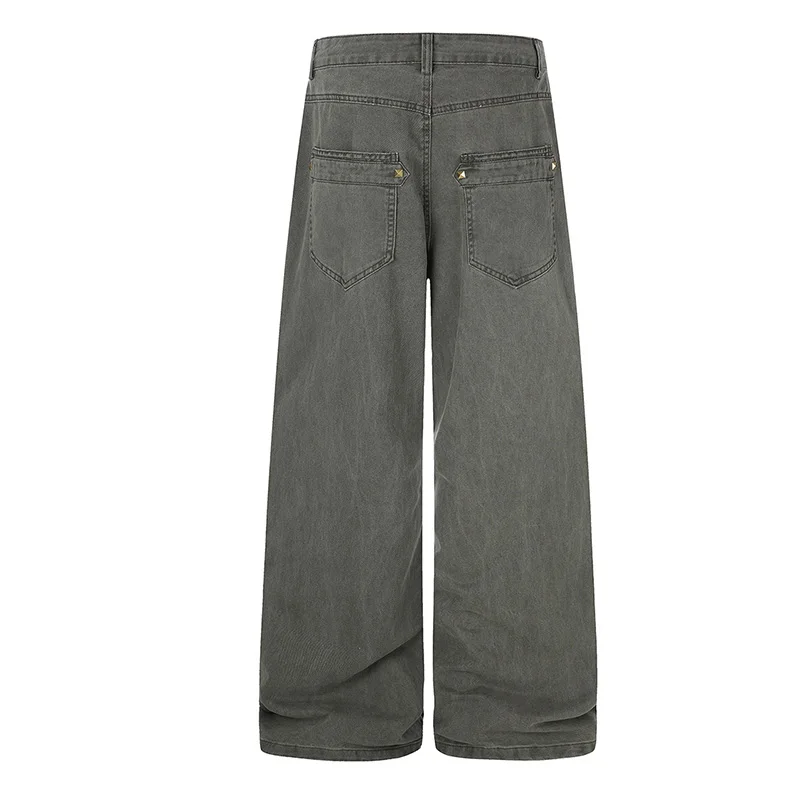 Vintage Hip Hop Cargo Jeans Pants Streetwear Rivet Straight Denim Trousers For Male Patchwork