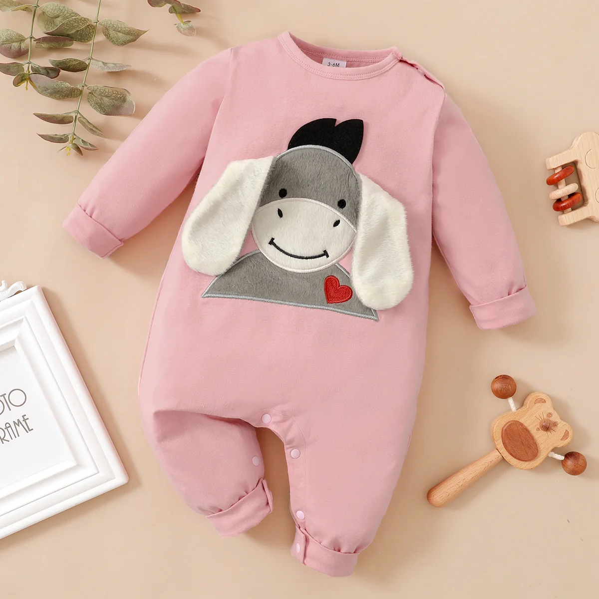 PatPat New Spring and Autumn Baby Boys / Girls Jumpsuits Donkey Embroidery 3D Ear Design Long-sleeve Jumpsuit for Baby Clothes