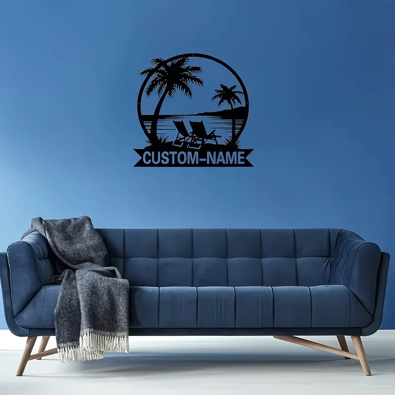 Custom Beach Palm Tree Wall Art - Personalized Tropical Monogram Sign for Home And Lake House Decoration, Metal, Easy to Hang