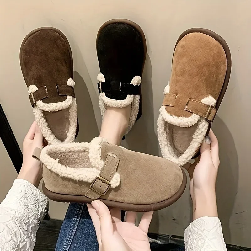 Autumn Winter Shoes Retro Big Head Ugly Cute Fleece Cotton Beanie Slip Plus Size Fur Shoes Women boots women  platform shoes