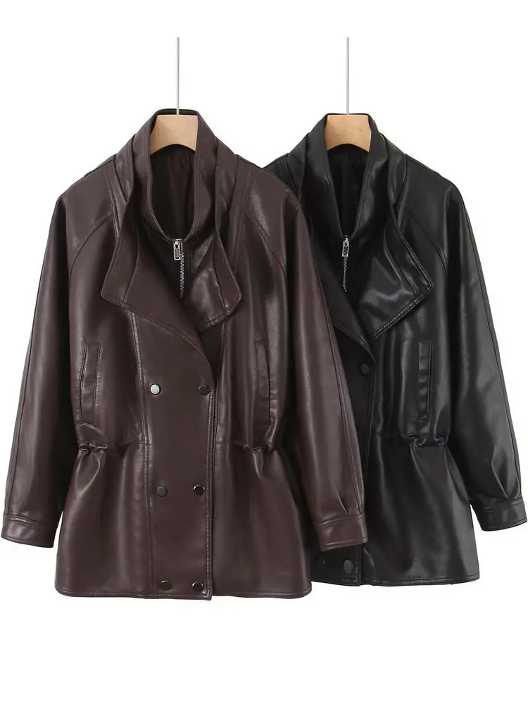 Damskie kurtki motocyklowe w stylu retro vintage z imitacji skóry PU, luźne, długie, oversize, streetwearowe, model BF, kolekcja 2025