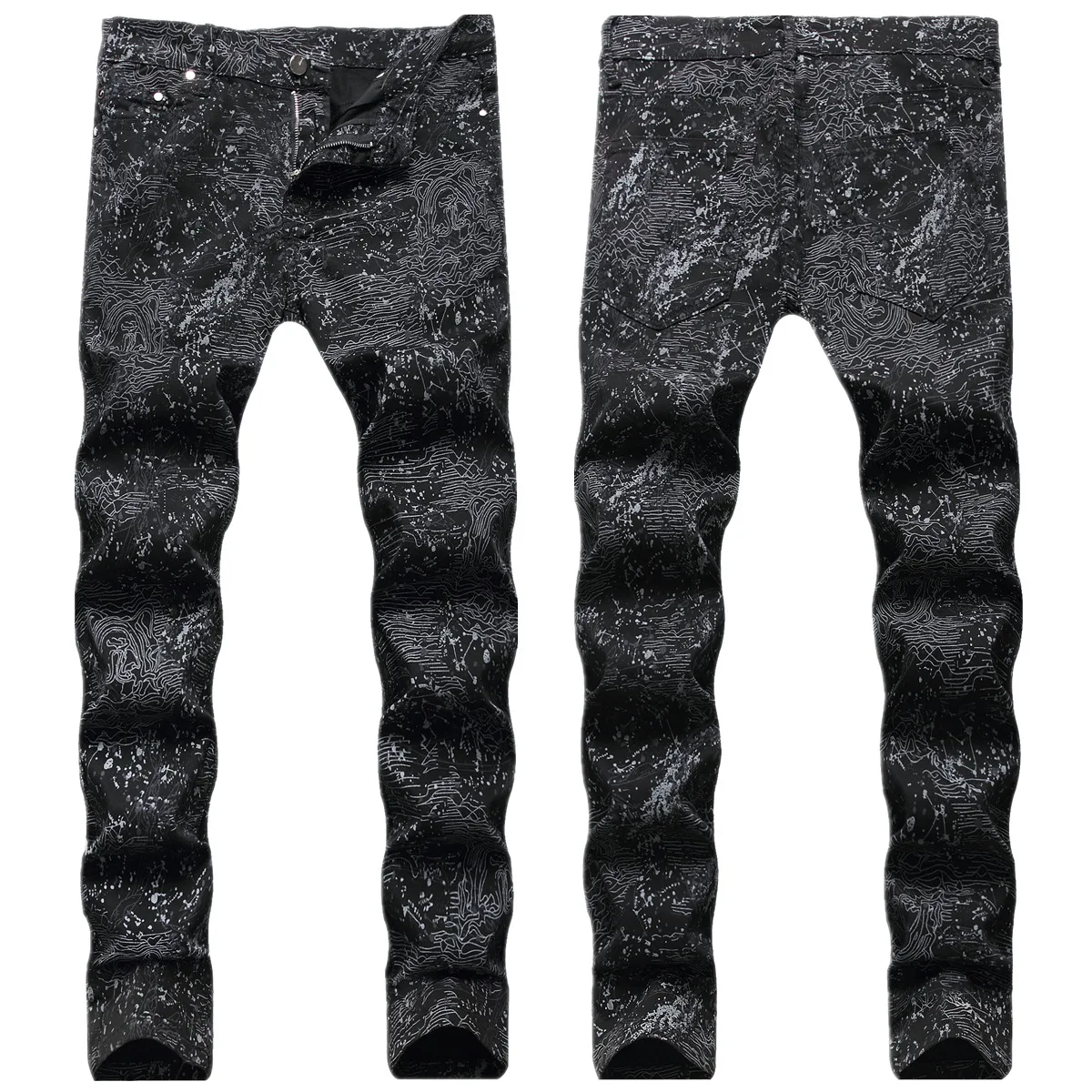 New Printed Hip Hop Men's Jeans Personalized Colorful Handpainted Graffiti Pants Slim Fit Nightclub Cocktail Black Pants