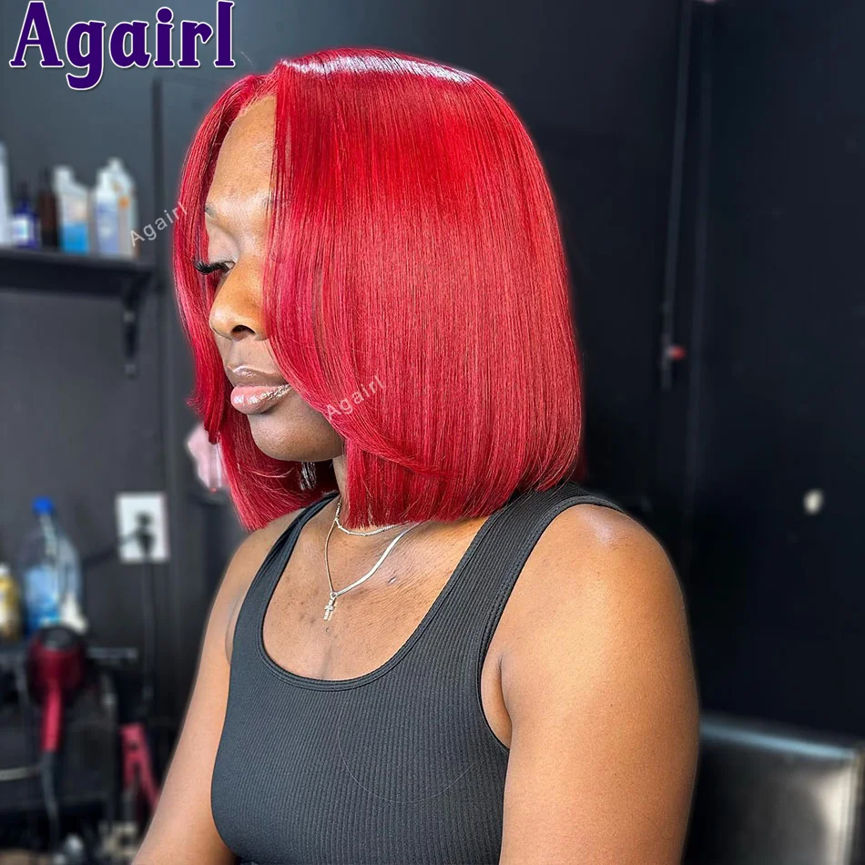 

Red Burgundy 99J Straight Short Bob Human Hair Wigs Transparent 180% Density Full 13X4 Lace Frontal Bob Wig for Women PrePlucked