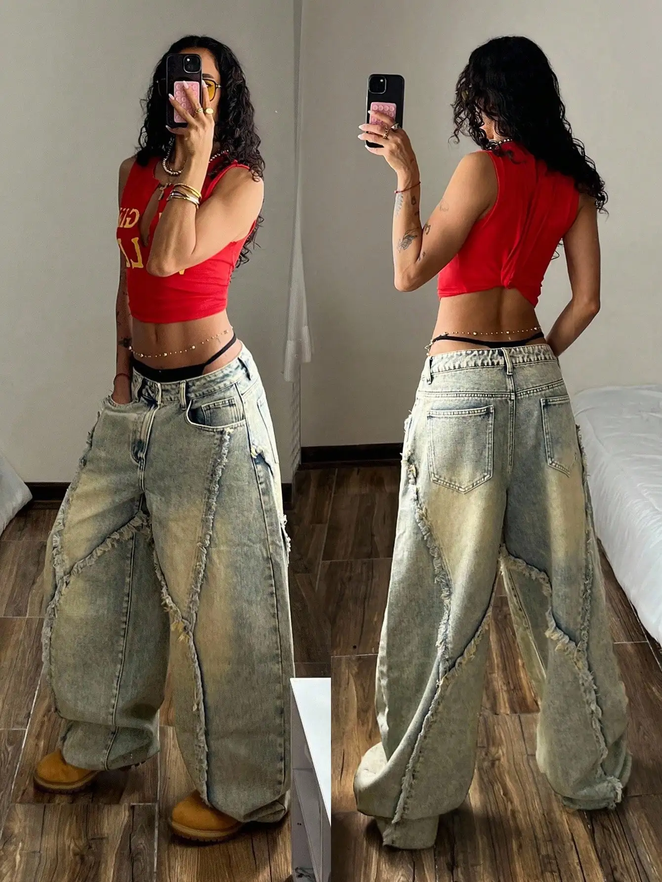 

Женские джинсы с широкими штанинами в винтажном уличном стиле, с эффектом потертости, с высокой талией, свободного кроя