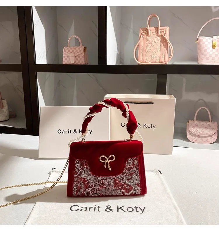 High Quality Sexy Red Velvet Square Bag Fashion Embroidery Women's Handbag Shoulder Crossbody Bag Lady Purse Bride Wedding Bag