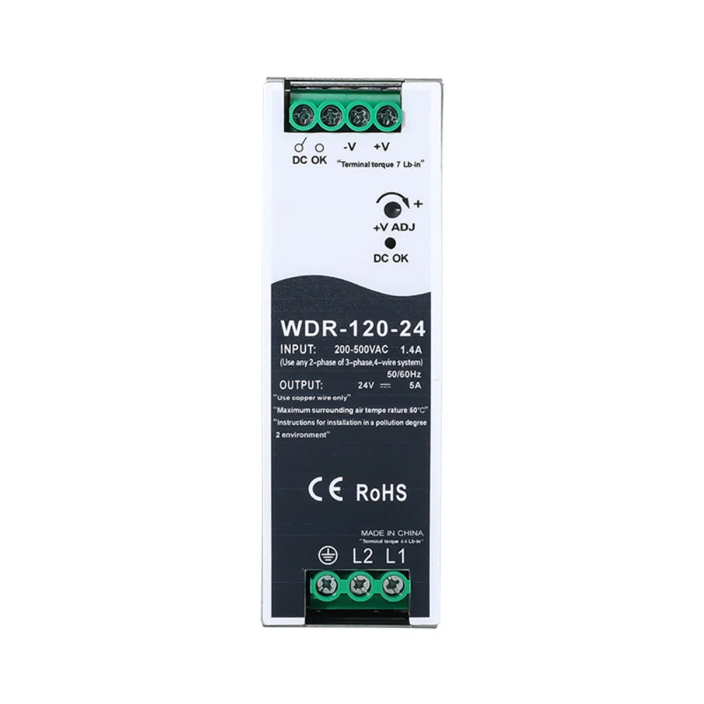 Rail Mountable 120W 24V DC Power Supply for 380V AC Input in Industrial Monitoring and Data Acquisition Systems