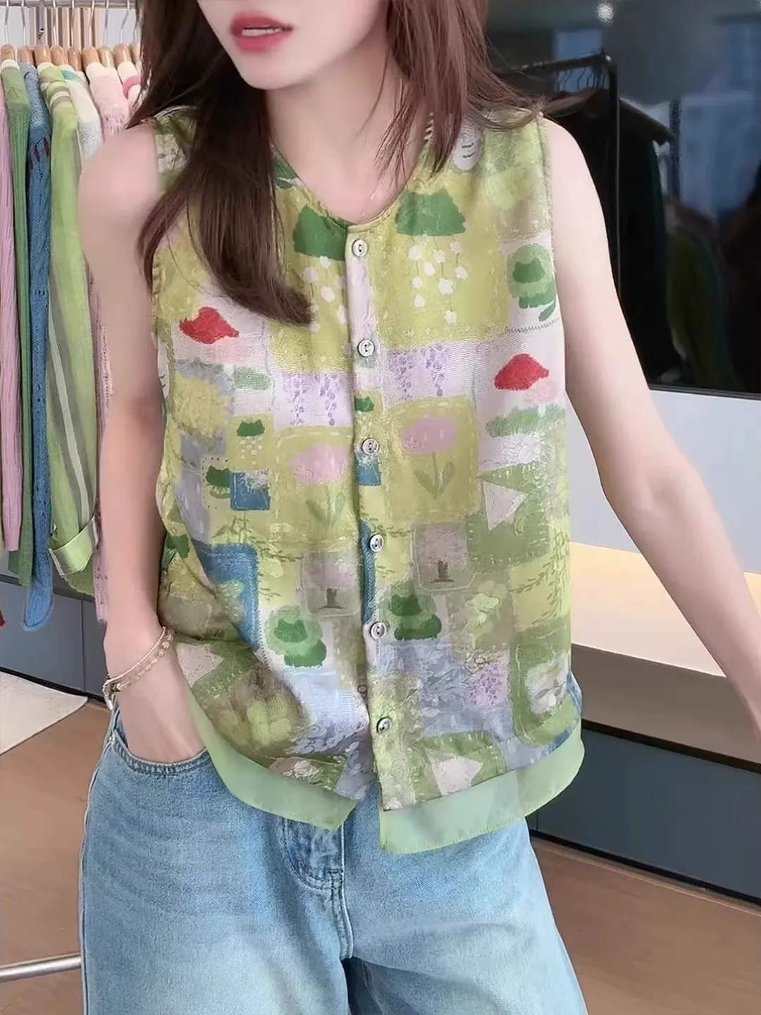 

Женский летний жилет с цветочным принтом, двусторонний, винтажный, омолаживающий, на пуговицах, прямого кроя