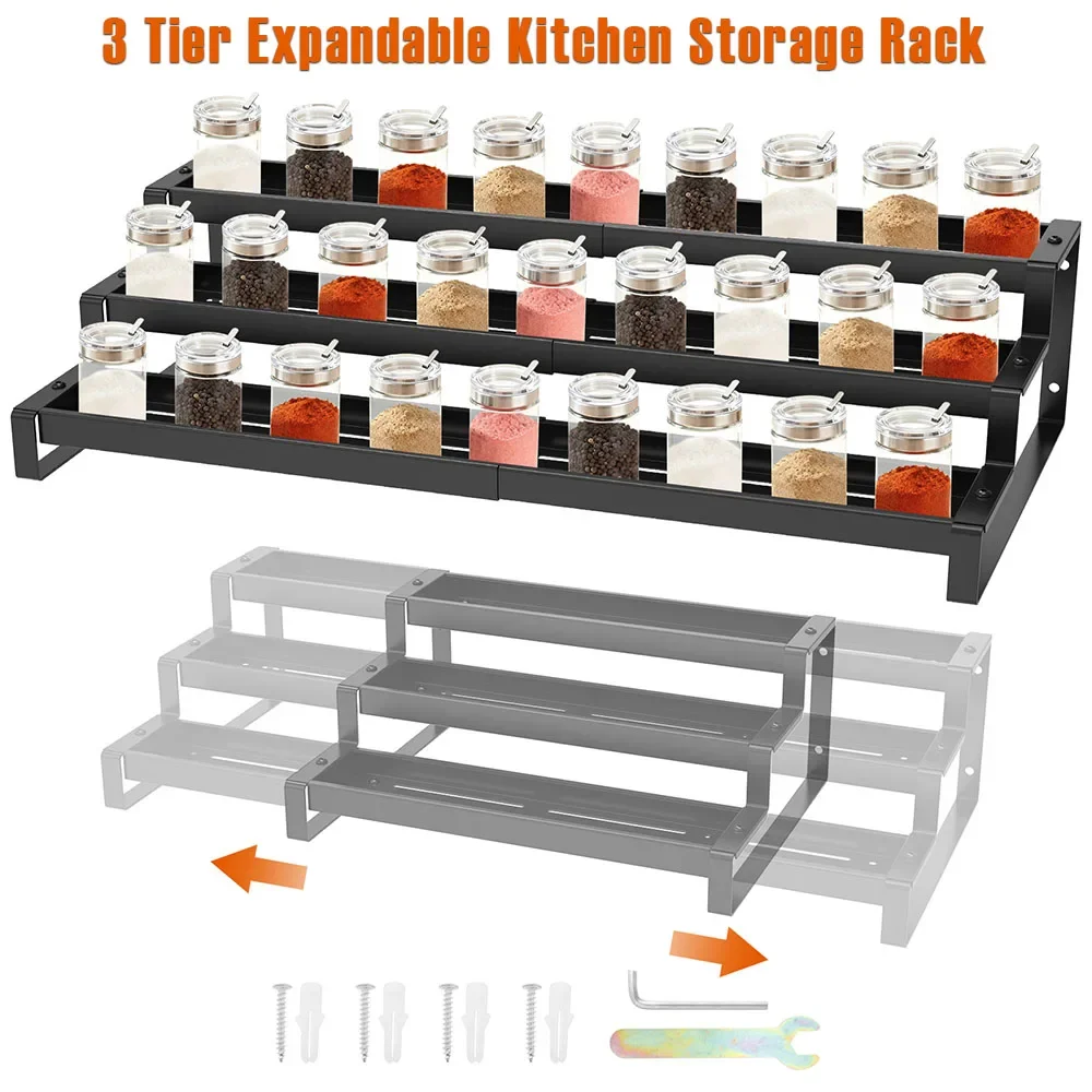 

3 Tier Expandable Kitchen Storage Rack Carbon Steel Spice Bottle Rack With Fence Telescopic Seasoning Jar Organizer for Home