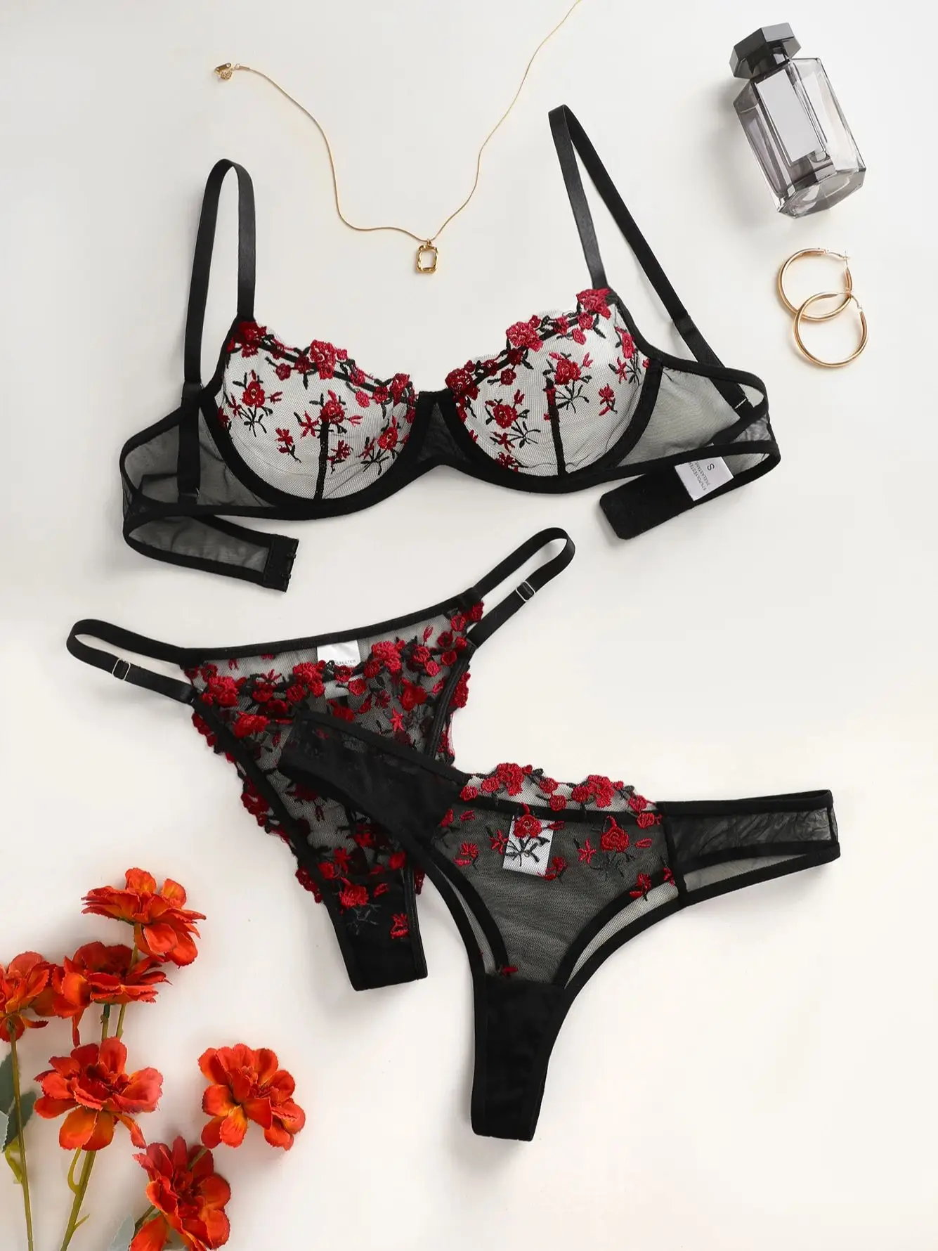 2024 Lingerie Set Bra Brief Set INS Valentine\'s Day multi-color hot sexy gauze embroidery sexy underwear three-piece set 24016